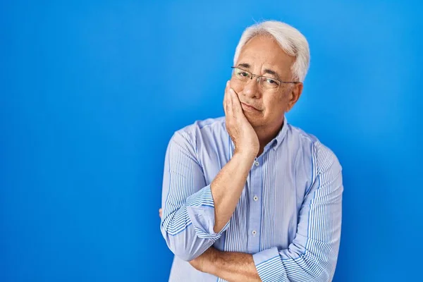 Hispanic Senior Man Wearing Glasses Thinking Looking Tired Bored Depression — Stock Photo, Image