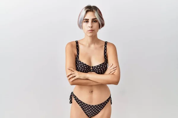 Young Beautiful Woman Wearing Swimsuit Isolated Background Skeptic Nervous Disapproving — ストック写真