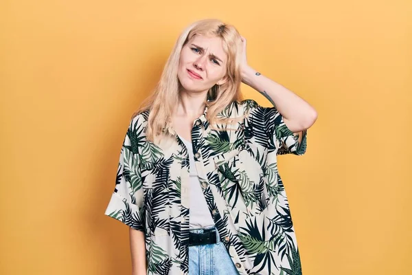 Beautiful Caucasian Woman Blond Hair Wearing Tropical Shirt Confuse Wonder — Stock Photo, Image