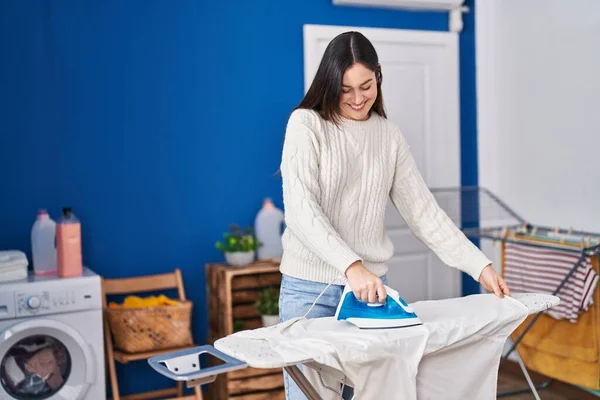 Young Woman Smiling Confident Ironing Clothes Laundry Room — Photo