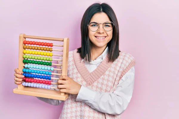 Young Brunette Woman Holding Traditional Abacus Looking Positive Happy Standing — 스톡 사진
