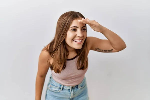 Young Brunette Woman Standing Isolated Background Very Happy Smiling Looking — Foto de Stock