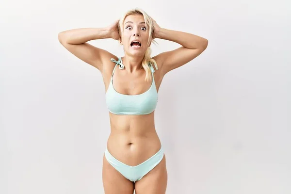 Young Caucasian Woman Wearing Bikini Isolated Background Crazy Scared Hands — Stok fotoğraf