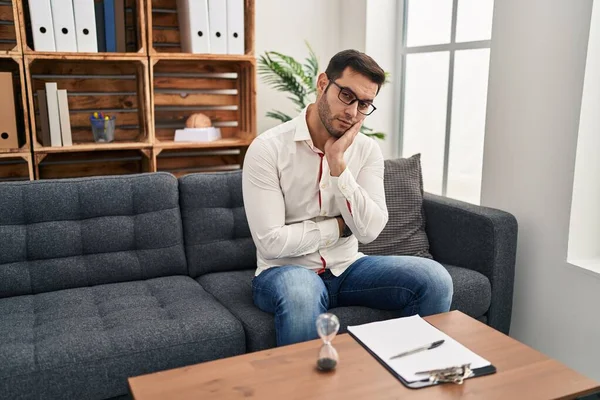 Young Hispanic Man Beard Working Consultation Office Thinking Looking Tired — Stock Photo, Image