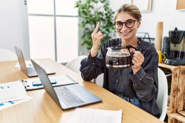 Ofiste çalışan genç sarışın kadın elinde kahve fincanıyla gülümseyen bir fikir ya da soru işareti yapan mutlu yüzlü bir kadın. 