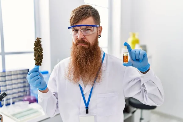 Redhead Man Long Beard Working Scientist Laboratory Holding Weed Cbd — Stockfoto