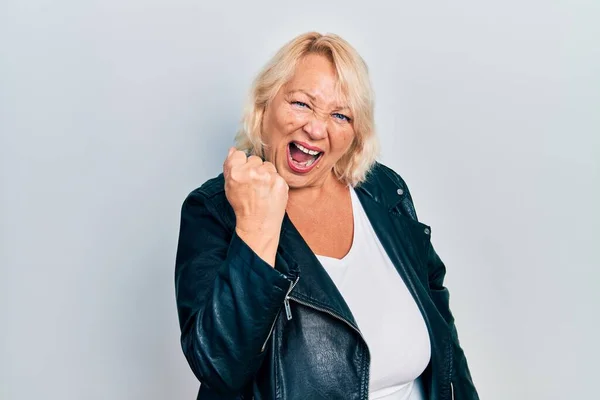 Middle Age Blonde Woman Wearing Leather Jacket Angry Mad Raising — Stock Photo, Image