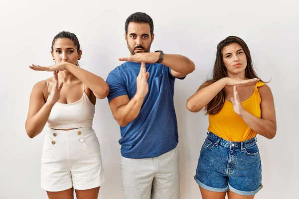 Group Young Hispanic People Standing Isolated Background Doing Time Out — Stockfoto