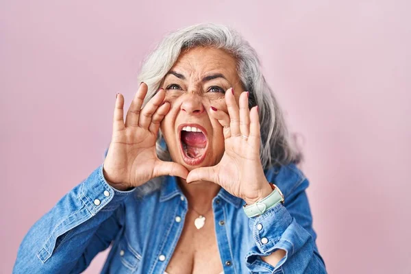 Middle Age Woman Grey Hair Standing Pink Background Shouting Angry — Stock Photo, Image