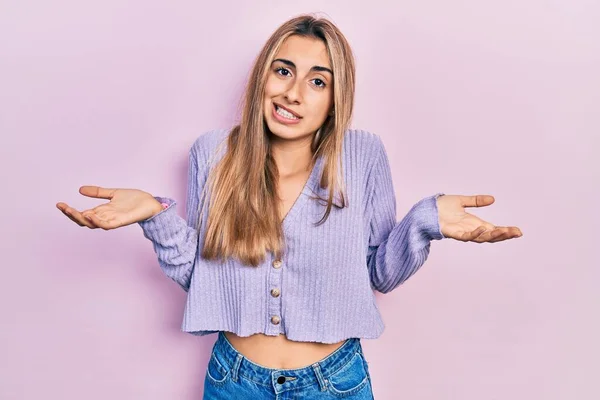 Beautiful Hispanic Woman Wearing Casual Shirt Clueless Confused Expression Arms — Stock Photo, Image