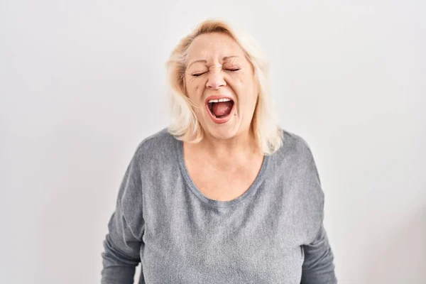 Middle Age Caucasian Woman Standing White Background Angry Mad Screaming — Stok fotoğraf
