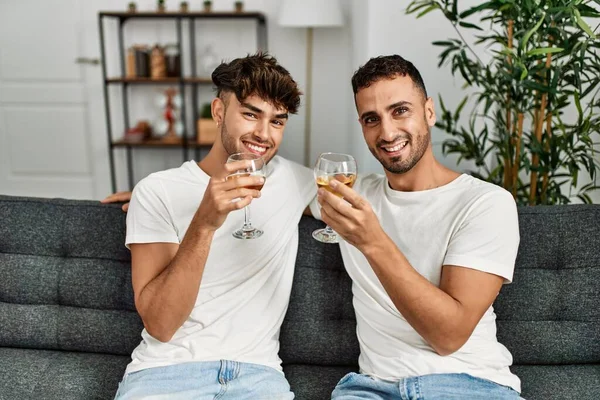 Dos Hombres Hispanos Brindando Pareja Con Una Copa Vino Sentados —  Fotos de Stock