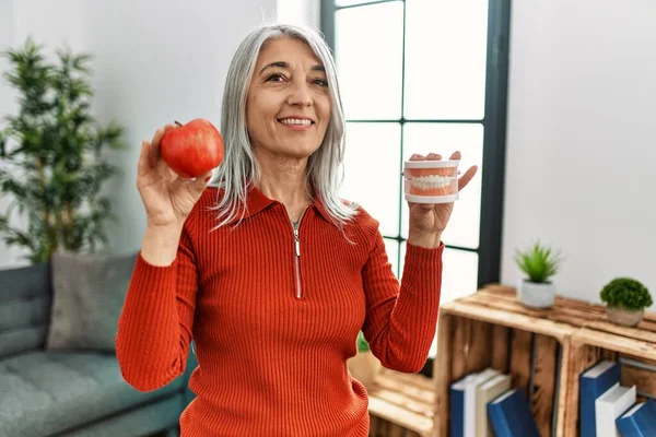 Middle Age Grey Haired Woman Smiling Confident Holding Red Apple — Stock Photo, Image