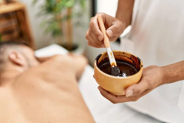 Two Hispanic Men Physiotherapist Patient Having Skin Back Treatment Using — Stock Photo, Image