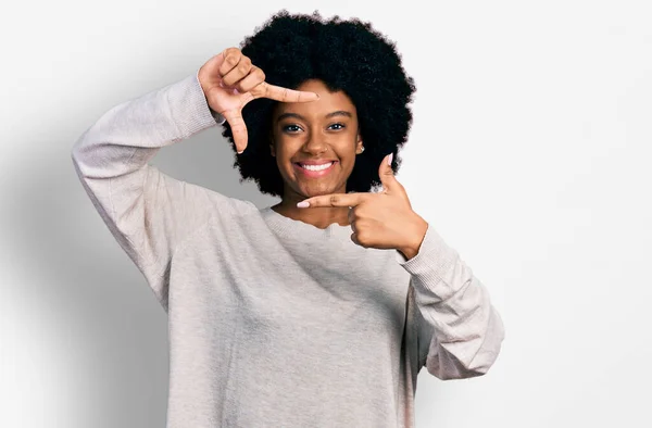 Young African American Woman Wearing Casual Clothes Smiling Making Frame — Stock Photo, Image