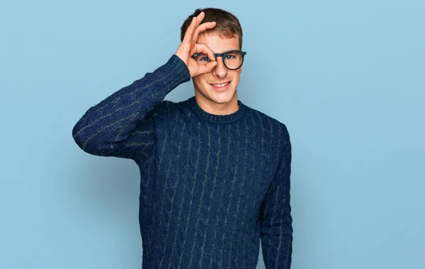 Young Blond Man Wearing Casual Clothes Glasses Doing Gesture Hand — 图库照片