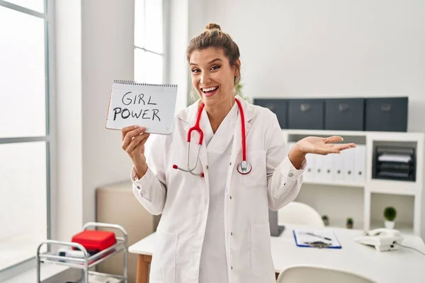 Young Doctor Woman Holding Girl Power Banner Celebrating Achievement Happy — Stock Photo, Image