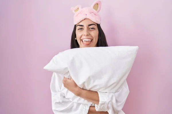 Young Brunette Woman Wearing Sleep Mask Pajama Hugging Pillow Sticking — Photo