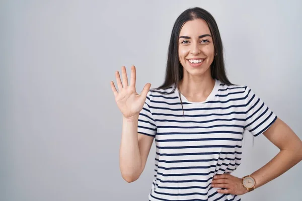 Young Brunette Woman Wearing Striped Shirt Showing Pointing Fingers Number — ストック写真