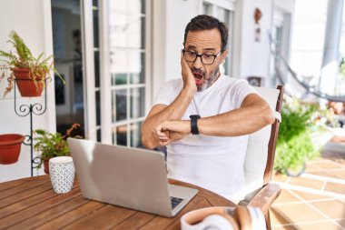 Orta yaşlı bir adam evde bilgisayar kullanıyor. Saate bakıyor, endişeleniyor, geç kalmaktan korkuyor. 