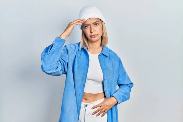 Beautiful Blonde Woman Wearing Wool Hat Worried Stressed Problem Hand — Stok fotoğraf