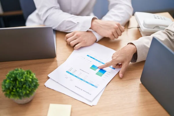 Man Woman Business Workers Using Laptop Pointing Document Office — Stock Photo, Image