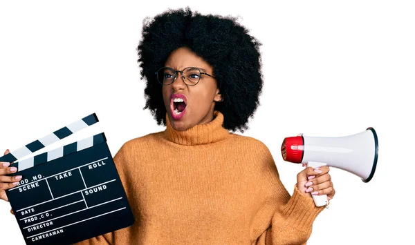 Young African American Woman Holding Video Film Clapboard Megaphone Angry — Stockfoto
