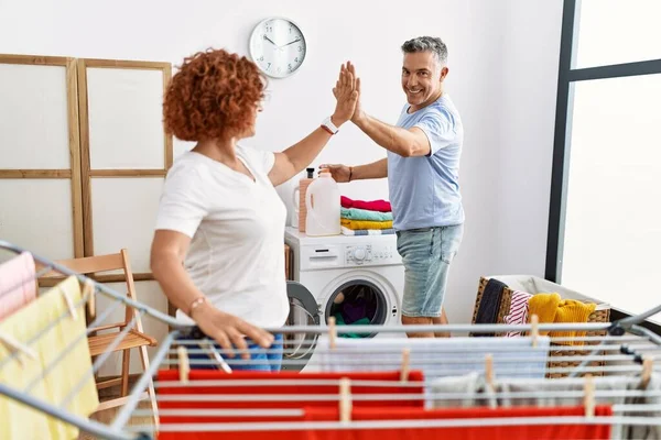Middle Age Man Woman Couple High Five Raised Hands Hanging — Stock Photo, Image