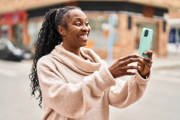 African American Woman Smiling Confident Having Video Call Street — Stock fotografie