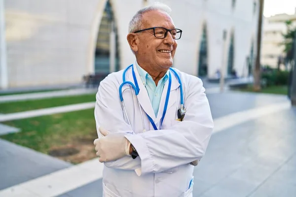 Senior Man Wearing Doctor Uniform Standing Arms Crossed Gesture Street — Stock Photo, Image
