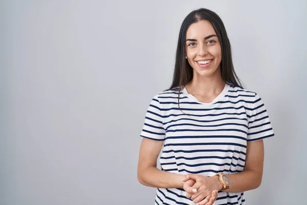 Young Brunette Woman Wearing Striped Shirt Hands Together Crossed Fingers — ストック写真