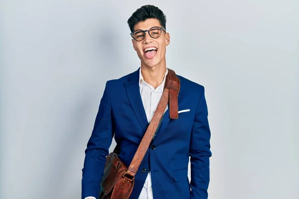 Young Hispanic Man Wearing Business Clothes Sticking Tongue Out Happy — Stock Photo, Image