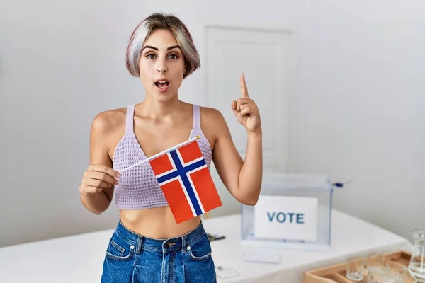 Young Beautiful Woman Political Campaign Election Holding Norway Flag Surprised — Stockfoto