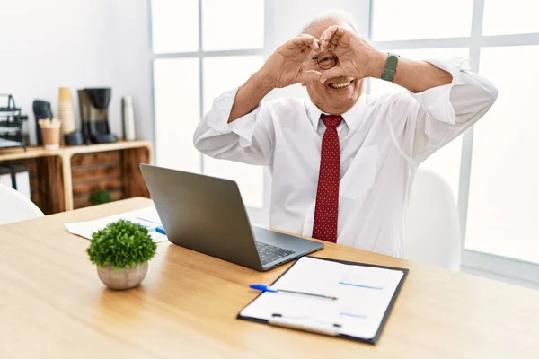 Senior Man Working Office Using Computer Laptop Doing Heart Shape — Stock Photo, Image