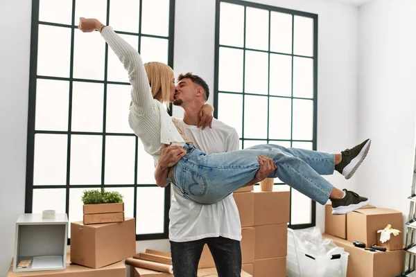 Man Holding Arms His Girlfriend New Home — Stock Photo, Image