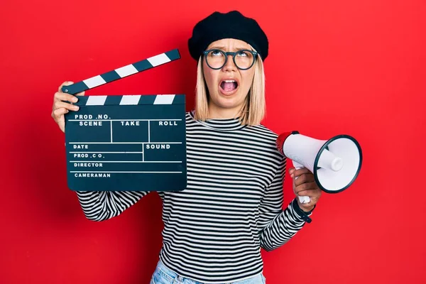 Beautiful Blonde Woman Holding Video Film Clapboard Megaphone Angry Mad — ストック写真