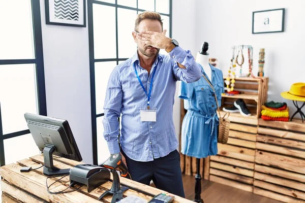 Middle Age Man Working Manager Retail Boutique Covering Eyes Hand — Φωτογραφία Αρχείου