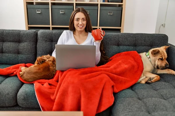 若いですヒスパニック系の女性を使用してラップトップとコーヒーを飲みますソファに座って犬とともに家に — ストック写真