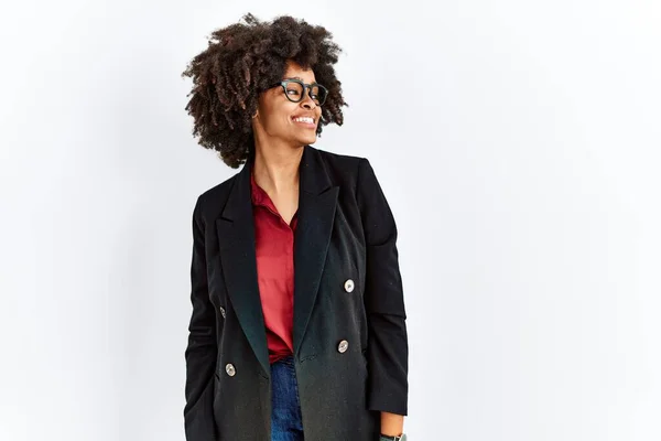 African American Woman Afro Hair Wearing Business Jacket Glasses Looking — Φωτογραφία Αρχείου