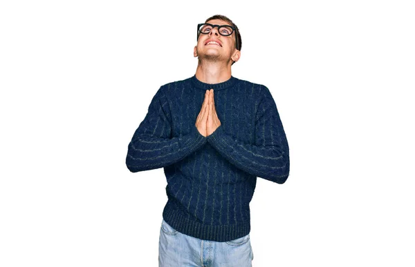 Young Blond Man Wearing Casual Clothes Glasses Begging Praying Hands — 图库照片