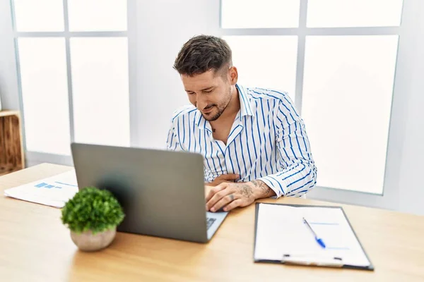 Young Handsome Man Beard Working Office Using Computer Laptop Hand — Fotografia de Stock