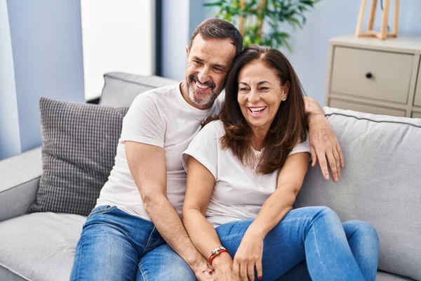 Middle Age Man Woman Couple Hugging Each Other Sitting Sofa — Stock Photo, Image