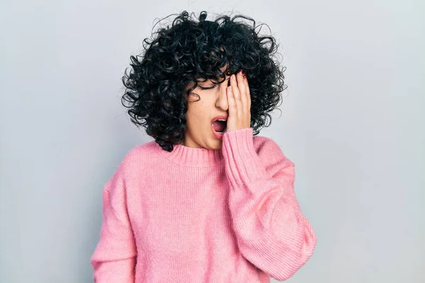 Young Middle East Woman Wearing Casual Clothes Yawning Tired Covering — Foto Stock