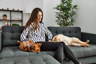 Kanepede oturmuş köpeklerle gülümseyen İspanyol bir kadın.