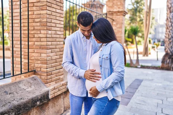 Young Latin Couple Expecting Baby Touching Belly Street — Photo