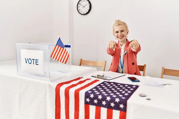 Beautiful Caucasian Woman Working Political Campaign Pointing You Camera Fingers — ストック写真