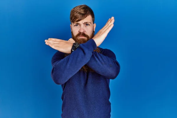 Redhead Man Long Beard Wearing Casual Blue Sweater Blue Background — Stockfoto