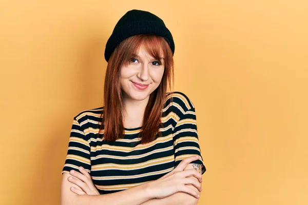 Redhead Young Woman Wearing Wool Cap Happy Face Smiling Crossed — Stock Photo, Image