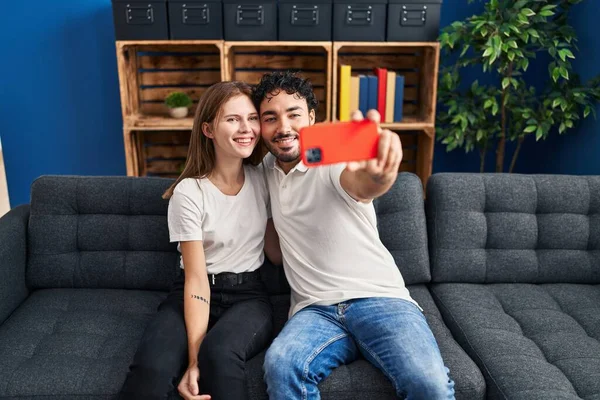 Man Woman Hugging Each Other Make Selfie Smartphone Home — Stockfoto