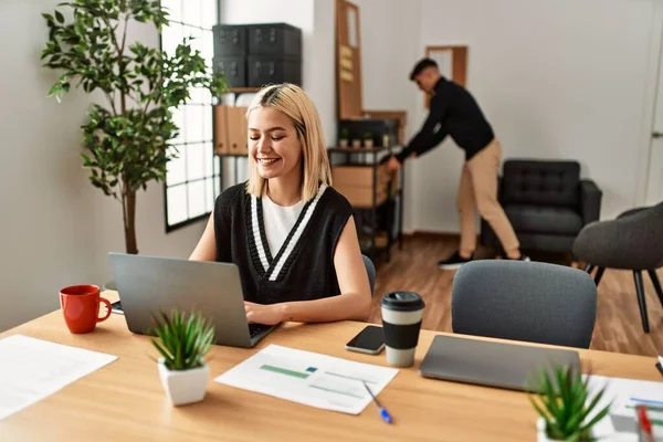 Two Business Workers Smiling Happy Working Office — Stock Photo, Image